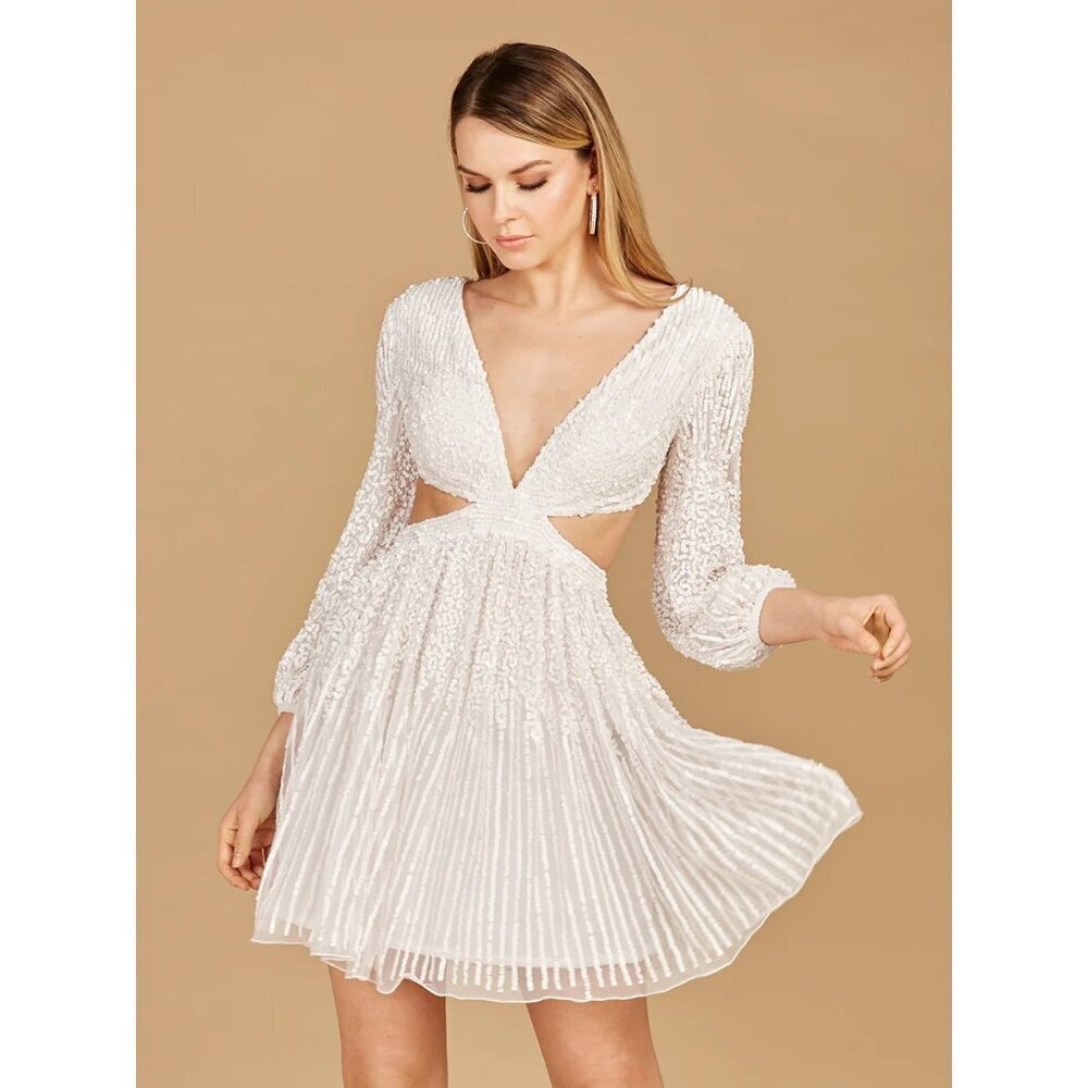 NWT LARA White Long Sleeve Cut Out Mini Cocktail Dress Sequins Lace Up Back US 0